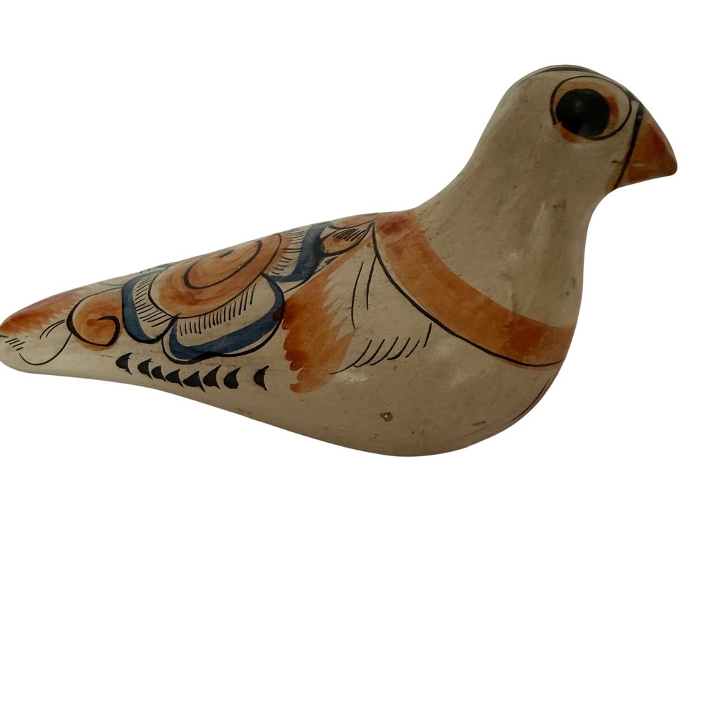 Vintage Tonala Mexican Pottery Bird Figurine Hand Painted Folk Art Blue Orange